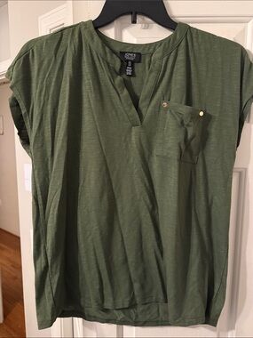 Jones New York Olive Green Split-Neck Pocket Tunic